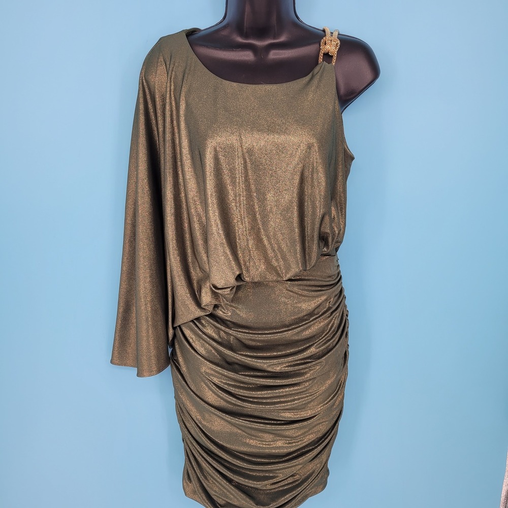 Betsy & Adam Cocktail Dress 10 green Metallic Gold Shimmer Ruched One Shoulder